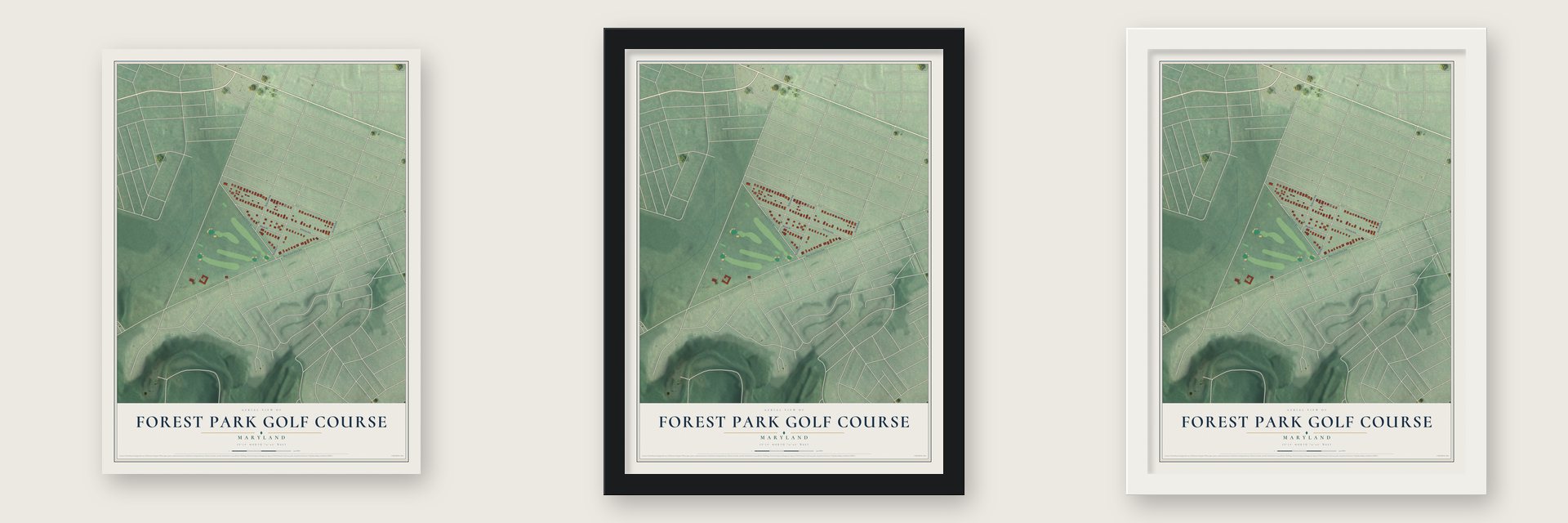 Forest Park Golf Course, Maryland map unframed, in a black wood frame and in a white wood frame
