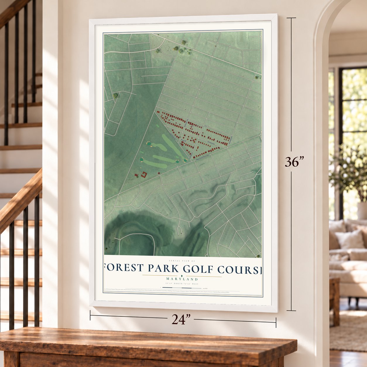 Forest Park Golf Course, Maryland map, 24 x 36 inch print in a white frame by a staircase