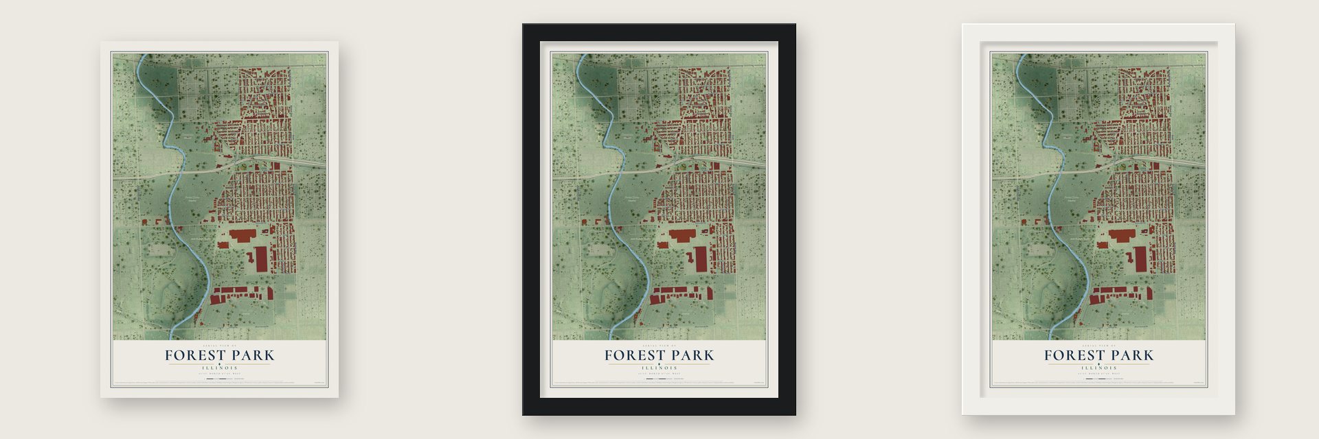Forest Park, Illinois map unframed, in a black wood frame and in a white wood frame