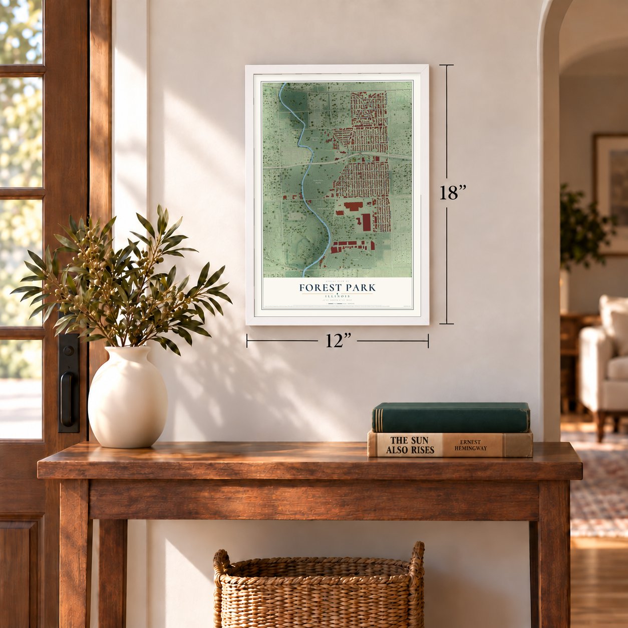 Forest Park, Illinois map, 12 x 18 inch print in a white frame in an entryway