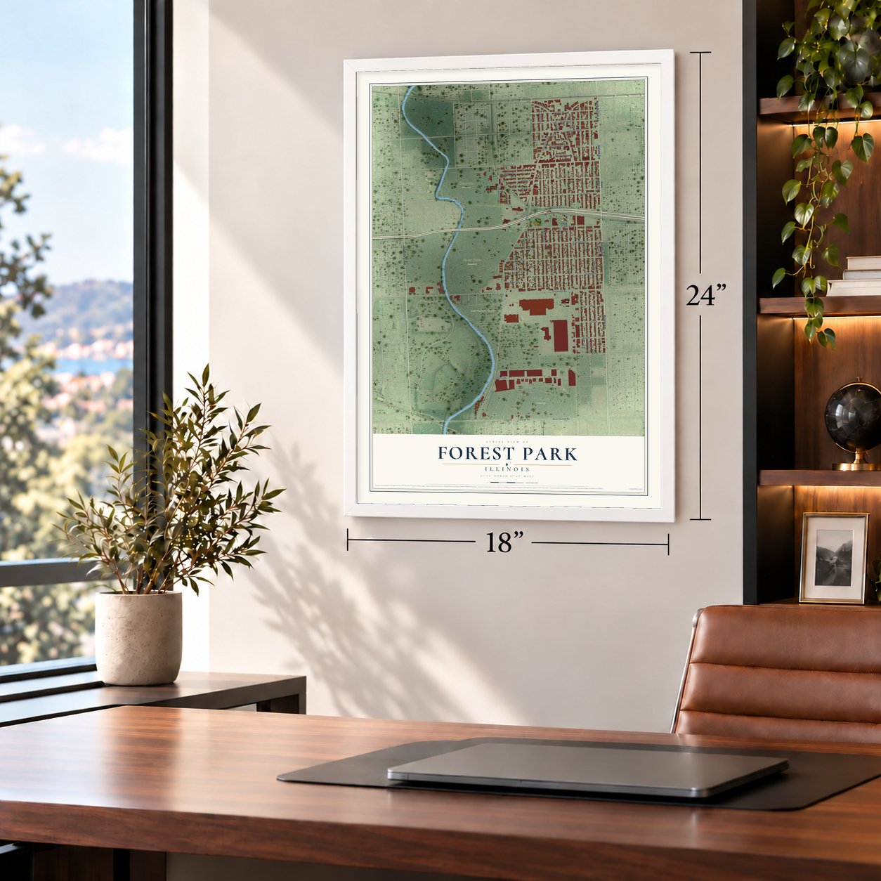 Forest Park, Illinois map, 18 x 24 inch print in a white frame in a home office