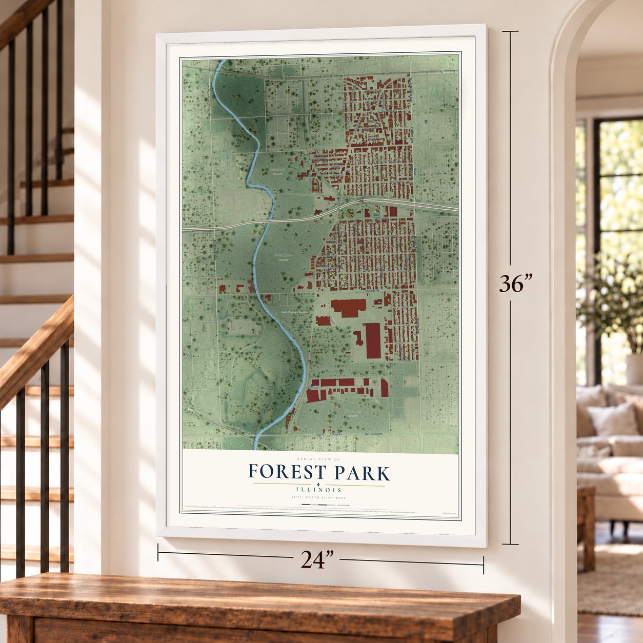 Forest Park, Illinois map, 24 x 36 inch print in a white frame by a staircase