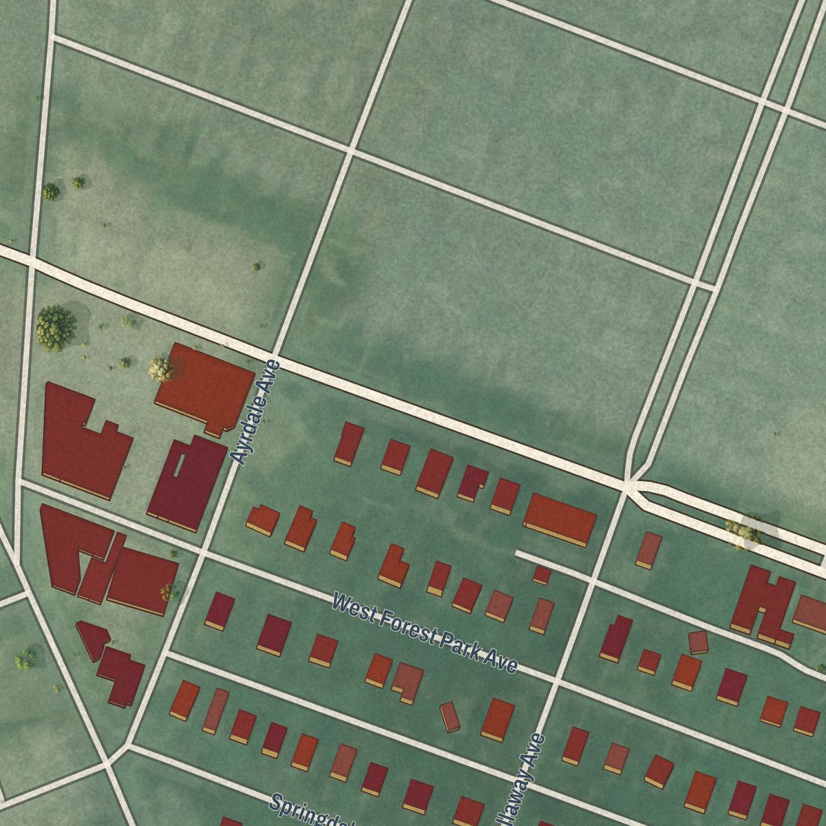 Second close-up of the map of Forest Park, Maryland print showing more streets and buildings