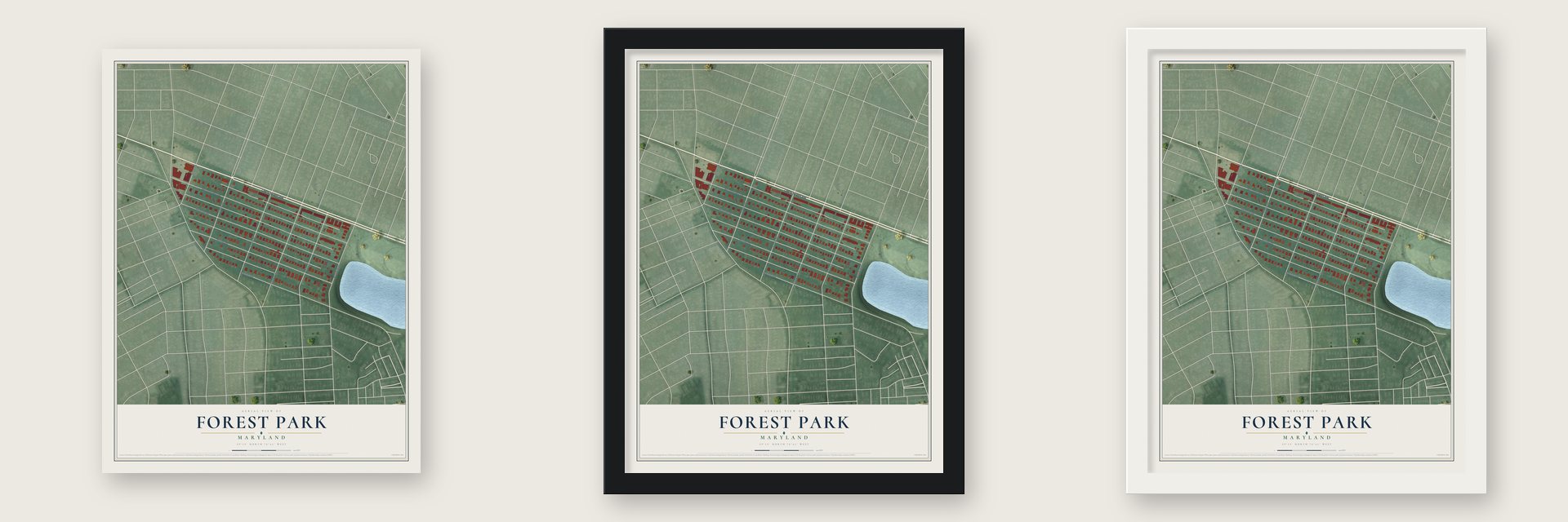 Forest Park, Maryland map unframed, in a black wood frame and in a white wood frame