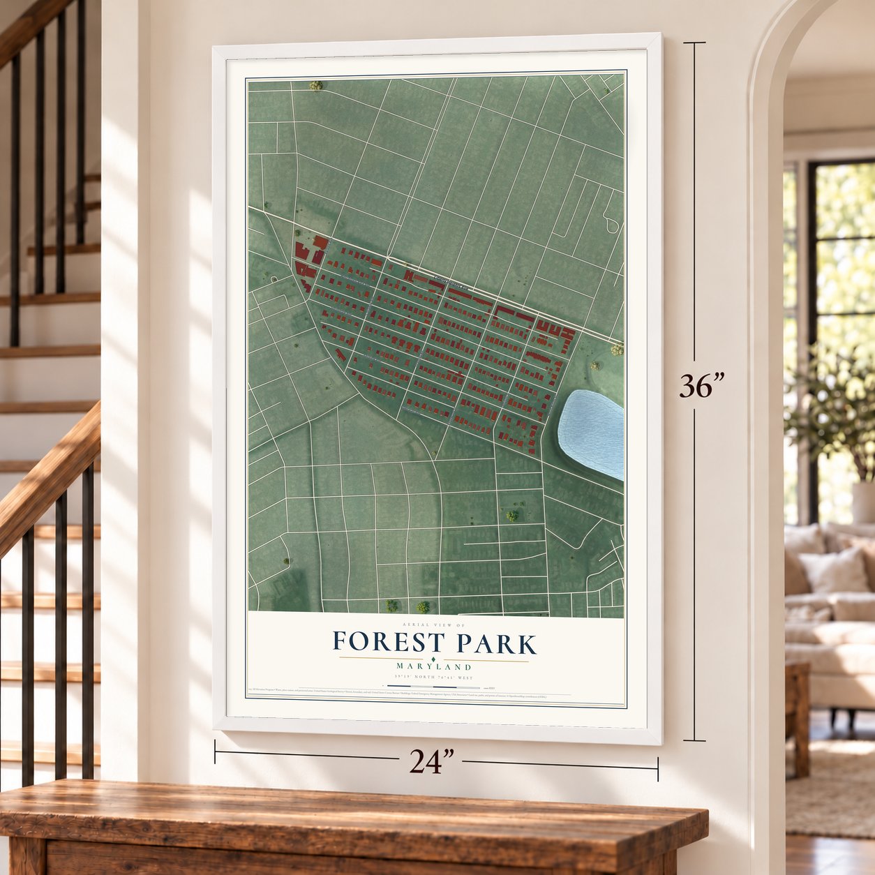 Forest Park, Maryland map, 24 x 36 inch print in a white frame by a staircase