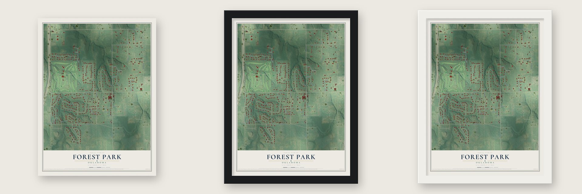 Forest Park, Oklahoma map unframed, in a black wood frame and in a white wood frame