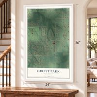 Forest Park, Oklahoma map, 24 x 36 inch print in a white frame by a staircase