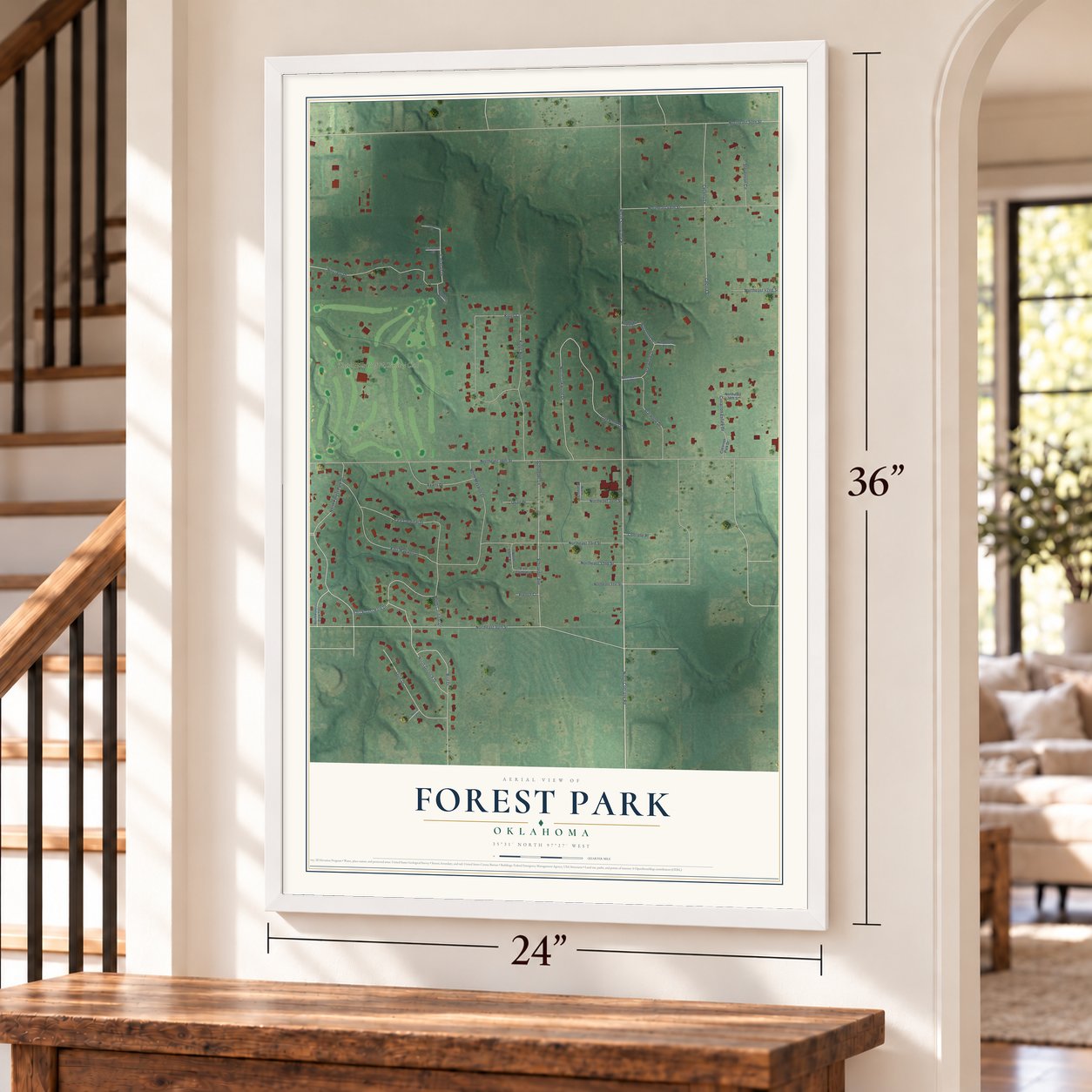 Forest Park, Oklahoma map, 24 x 36 inch print in a white frame by a staircase