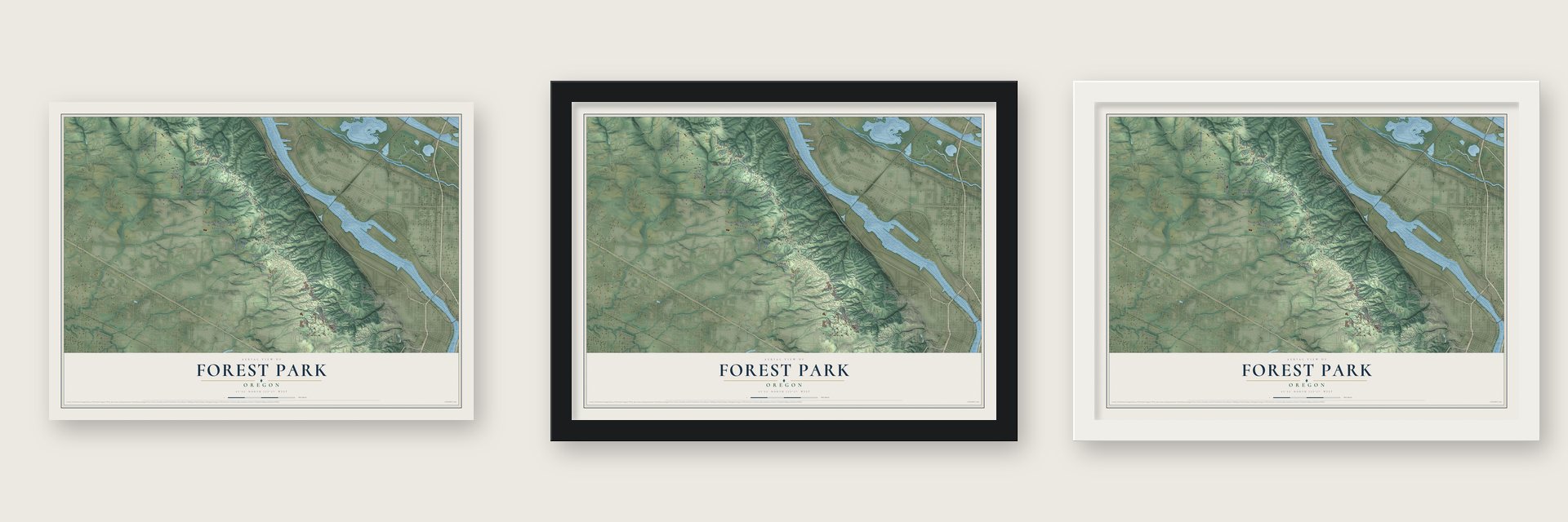 Forest Park, Oregon map unframed, in a black wood frame and in a white wood frame