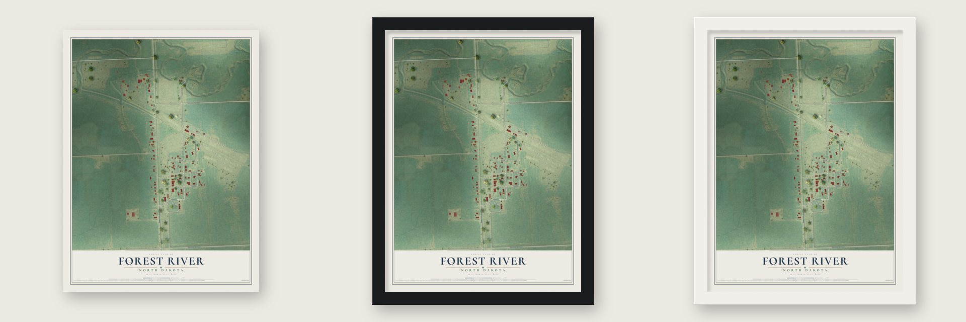 Forest River, North Dakota map unframed, in a black wood frame and in a white wood frame