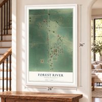 Forest River, North Dakota map, 24 x 36 inch print in a white frame by a staircase