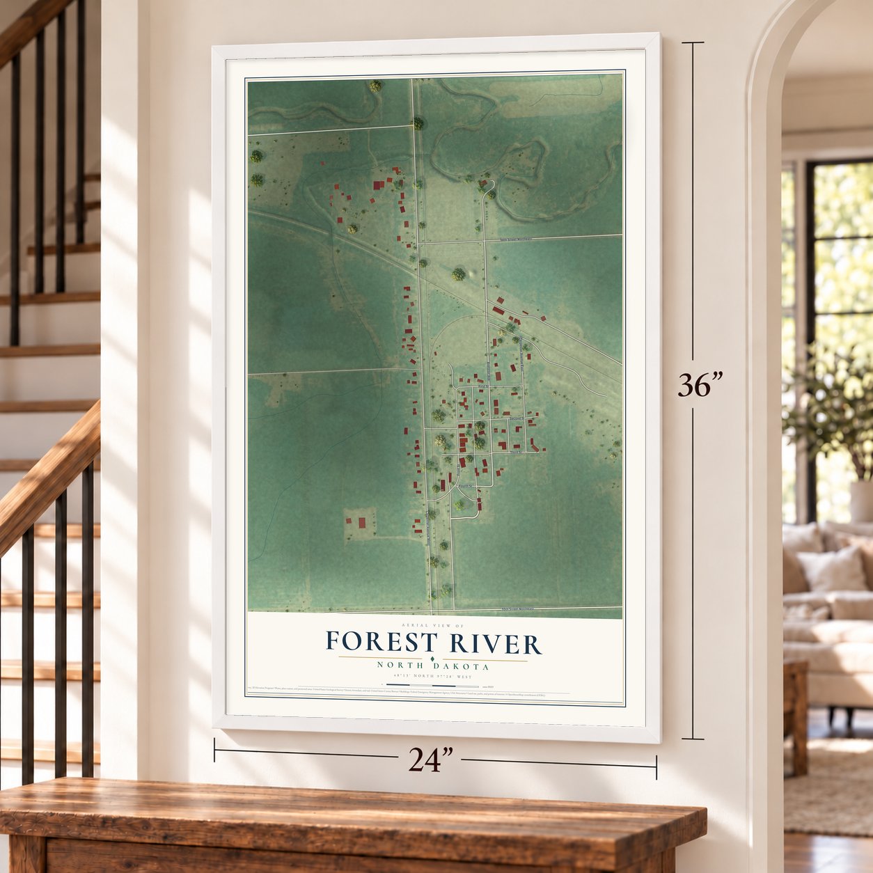 Forest River, North Dakota map, 24 x 36 inch print in a white frame by a staircase
