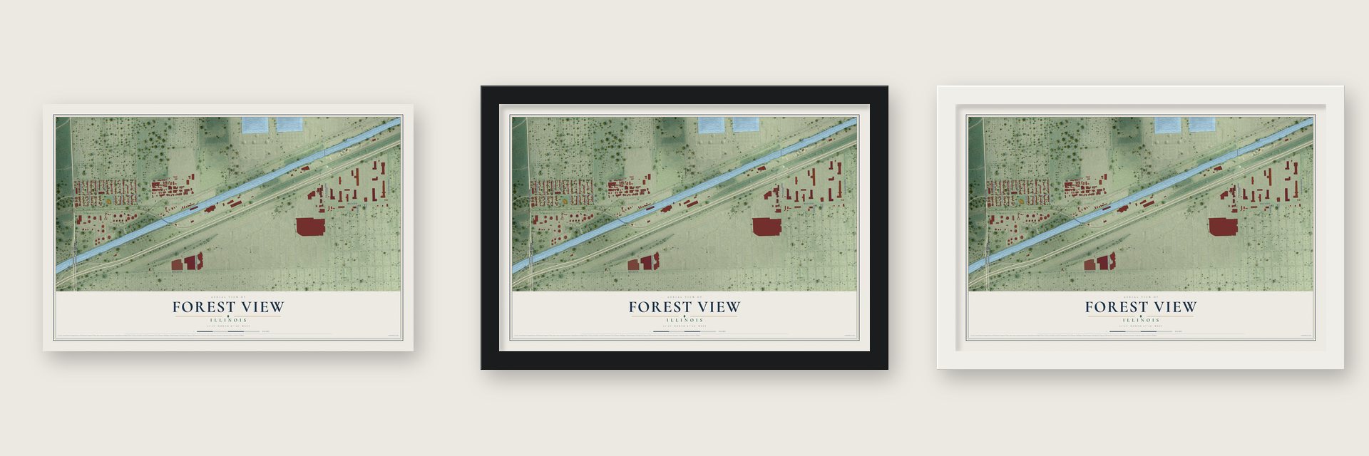 Forest View, Illinois map unframed, in a black wood frame and in a white wood frame