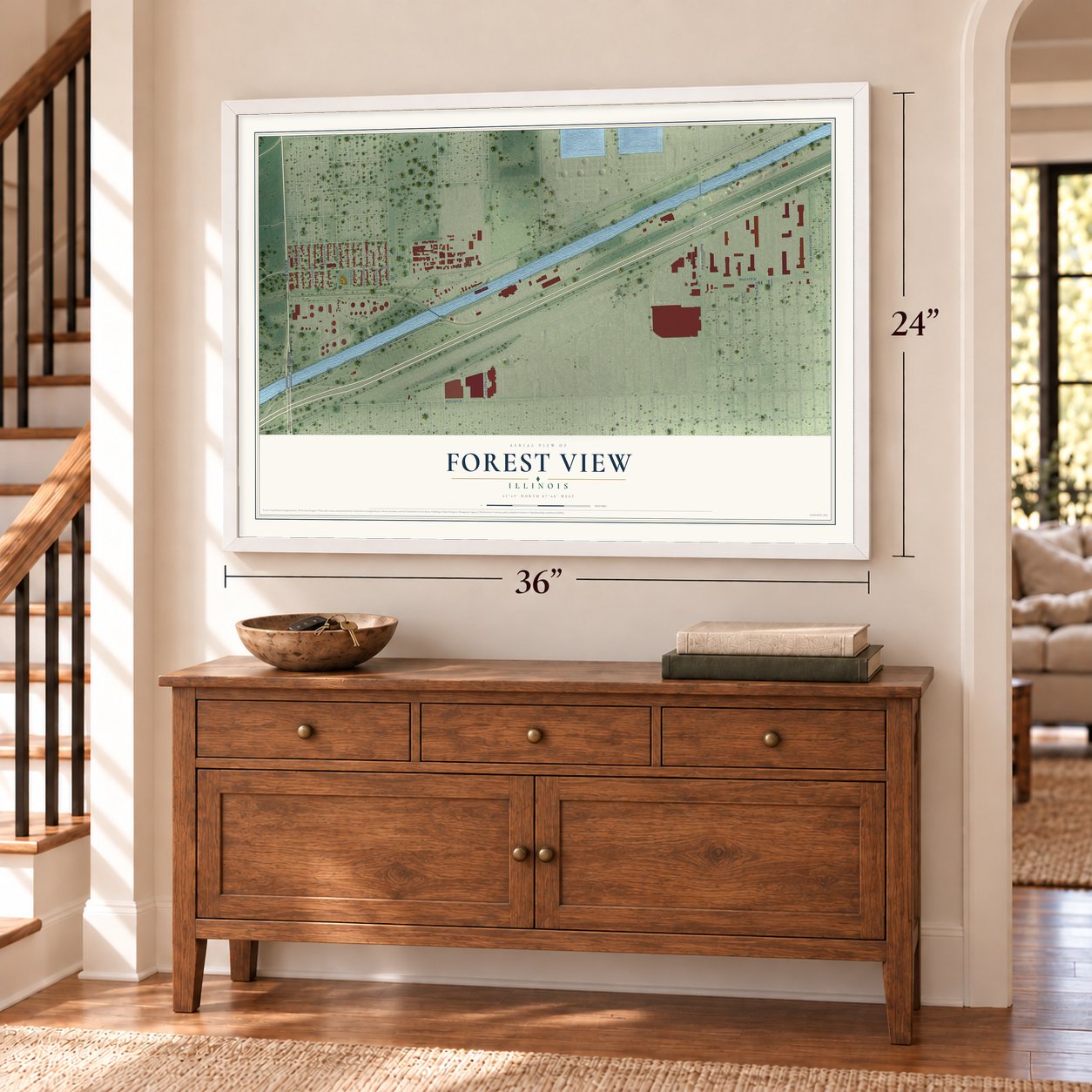 Forest View, Illinois map, 24 x 36 inch print in a white frame above a dresser by a staircase