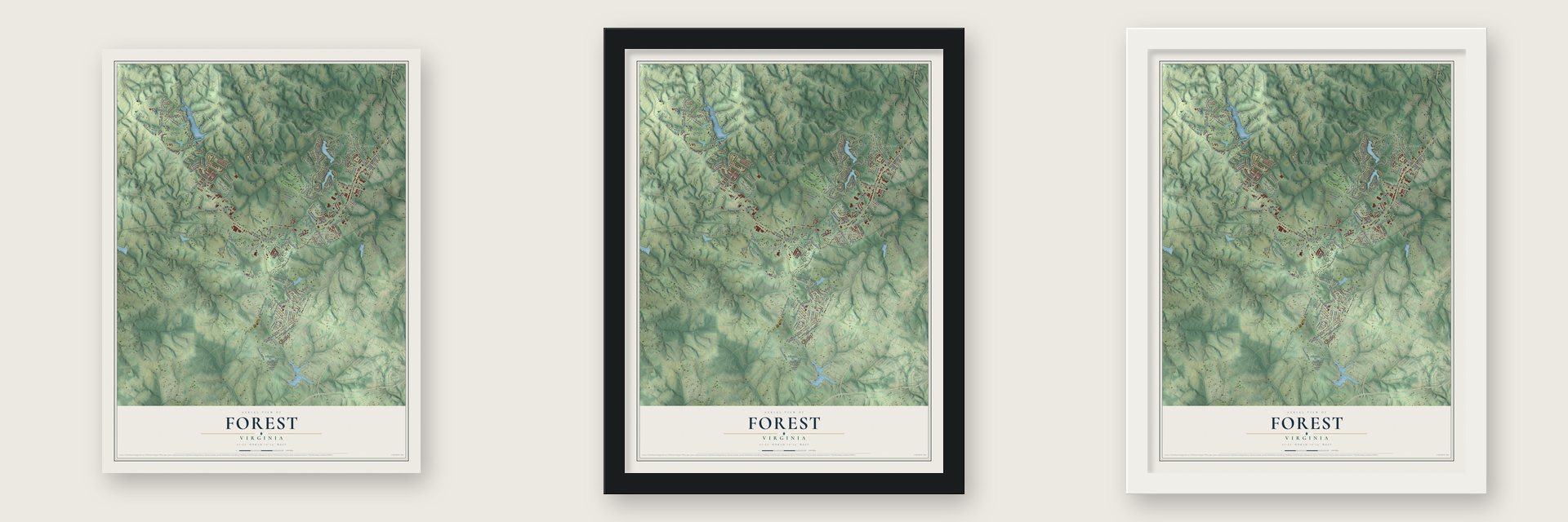Forest, Virginia map unframed, in a black wood frame and in a white wood frame