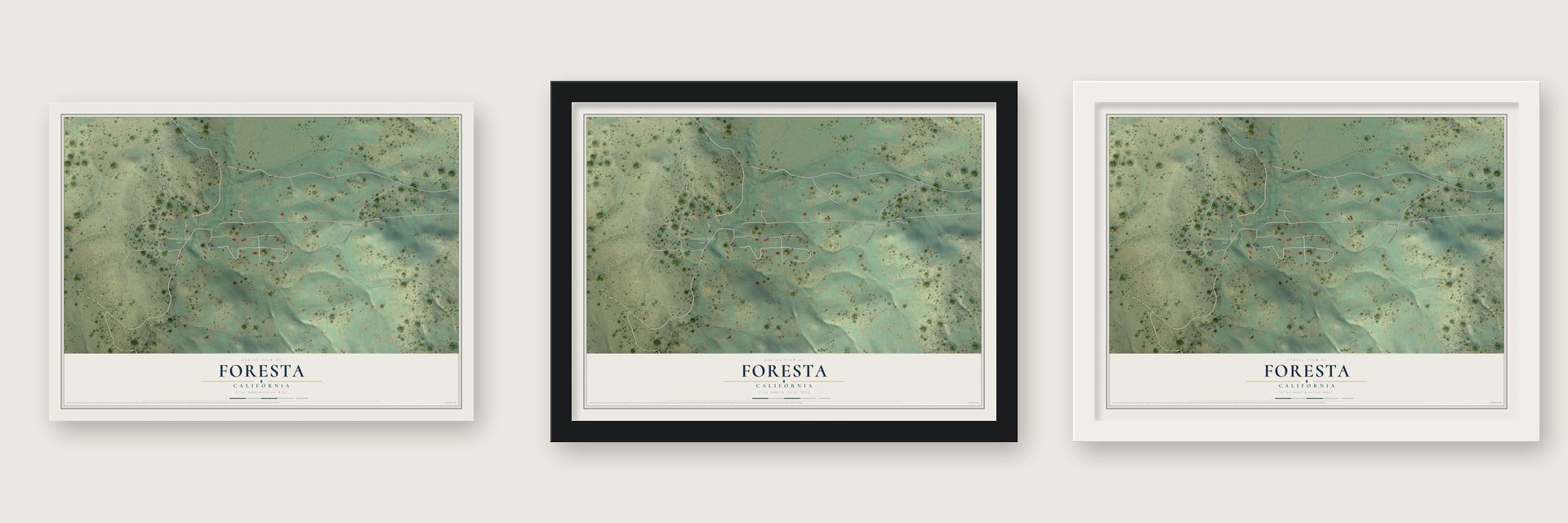 Foresta, California map unframed, in a black wood frame and in a white wood frame