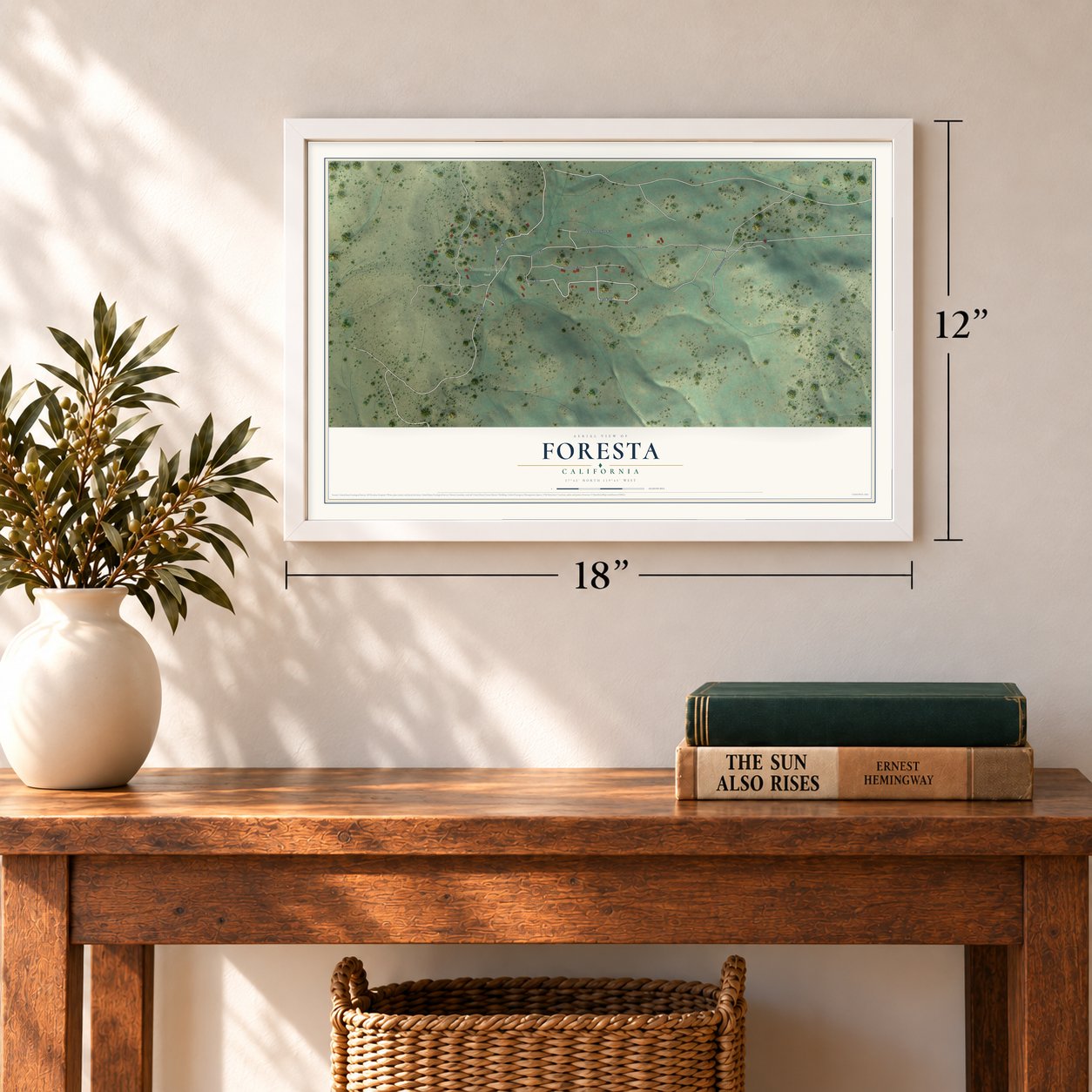 Foresta, California map, 12 x 18 inch print in a white frame in an entryway
