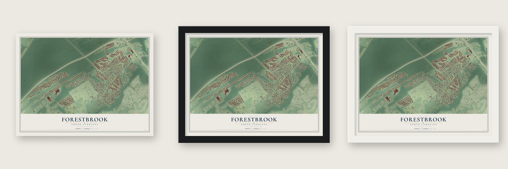 Forestbrook, South Carolina map unframed, in a black wood frame and in a white wood frame