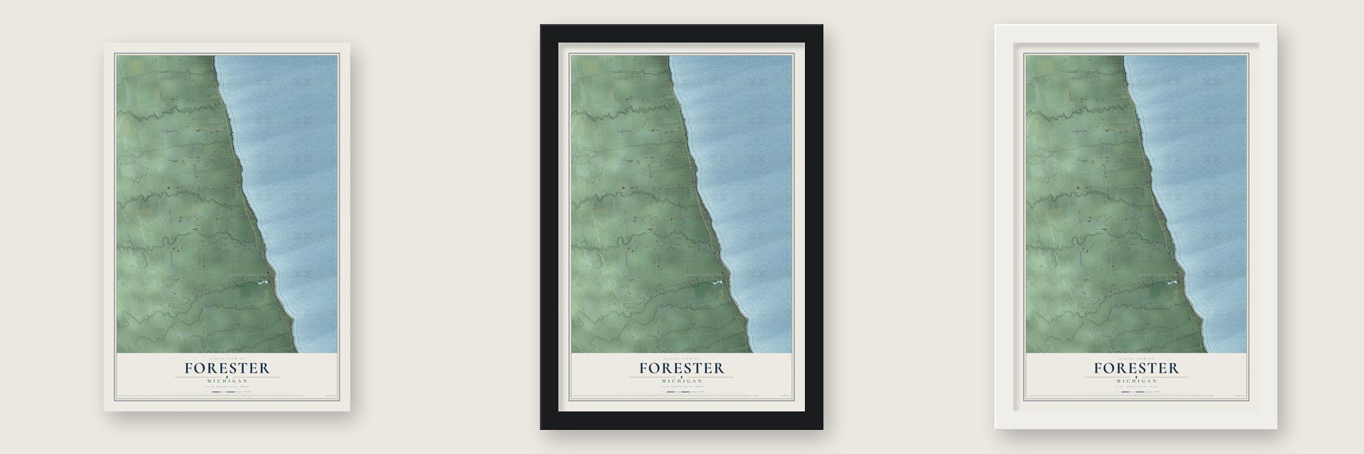 Forester, Michigan map unframed, in a black wood frame and in a white wood frame