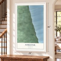 Forester, Michigan map, 24 x 36 inch print in a white frame by a staircase