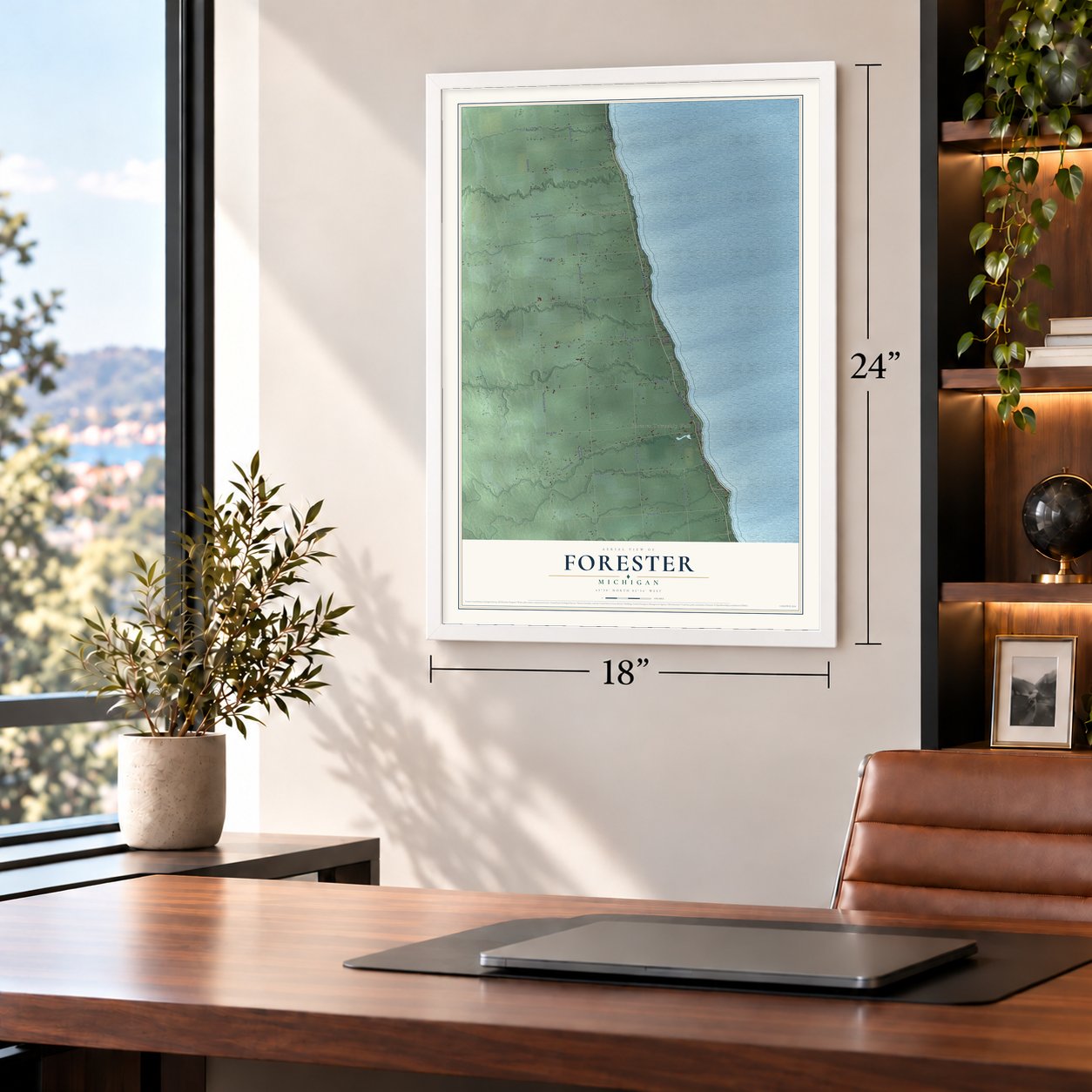 Forester, Michigan map, 18 x 24 inch print in a white frame in a home office