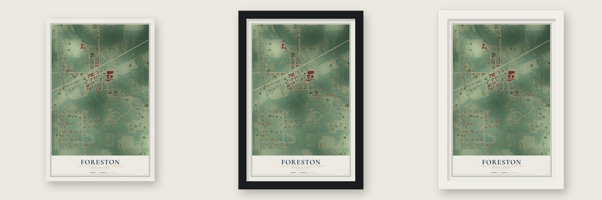 Foreston, Minnesota map unframed, in a black wood frame and in a white wood frame