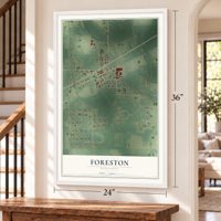 Foreston, Minnesota map, 24 x 36 inch print in a white frame by a staircase