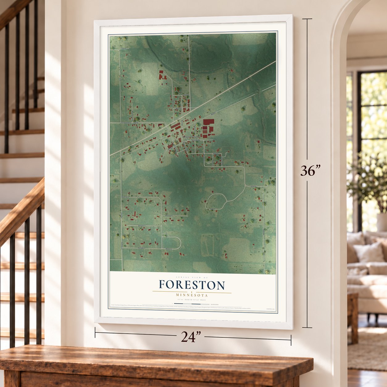 Foreston, Minnesota map, 24 x 36 inch print in a white frame by a staircase