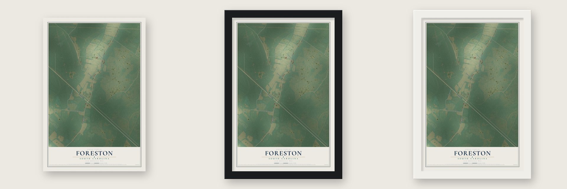 Foreston, South Carolina map unframed, in a black wood frame and in a white wood frame