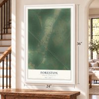 Foreston, South Carolina map, 24 x 36 inch print in a white frame by a staircase
