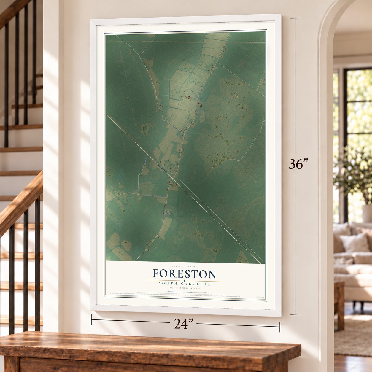 Foreston, South Carolina map, 24 x 36 inch print in a white frame by a staircase