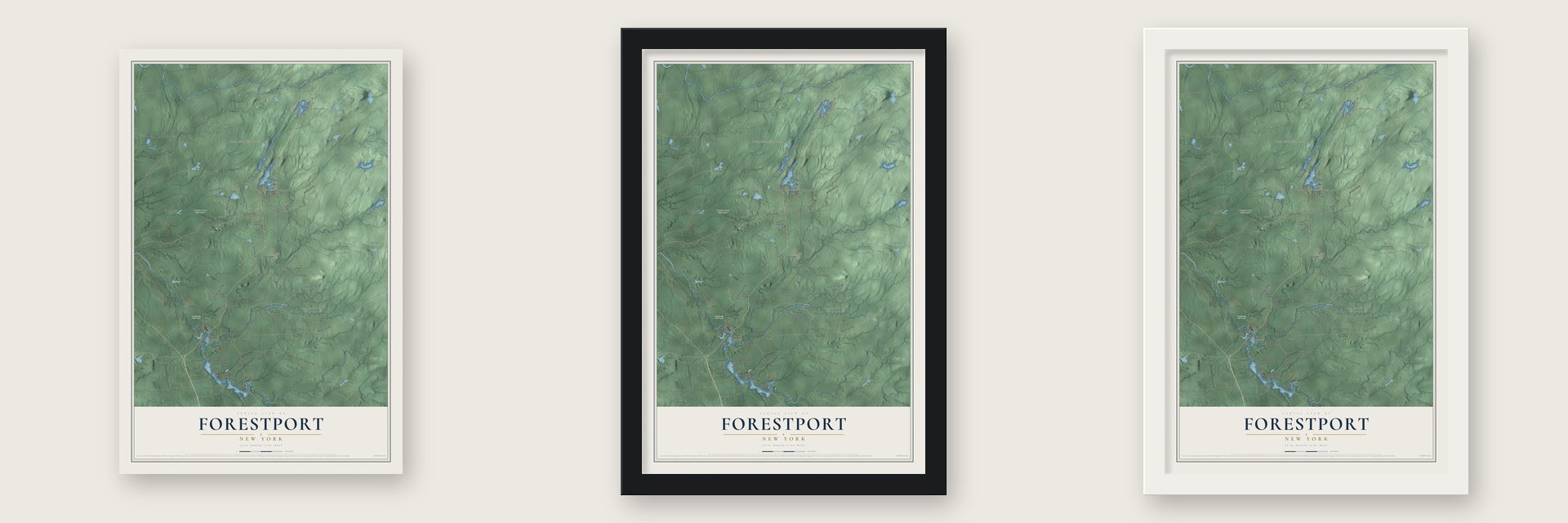 Forestport, New York map unframed, in a black wood frame and in a white wood frame