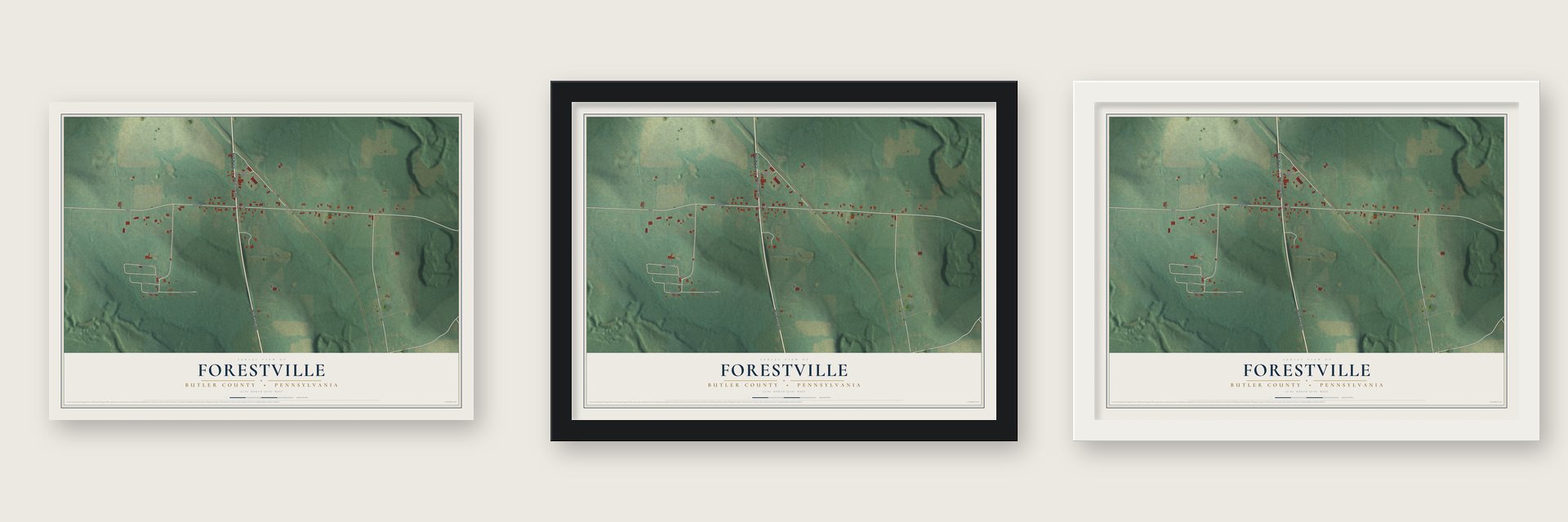 Forestville, Butler County, Pennsylvania map unframed, in a black wood frame and in a white wood frame