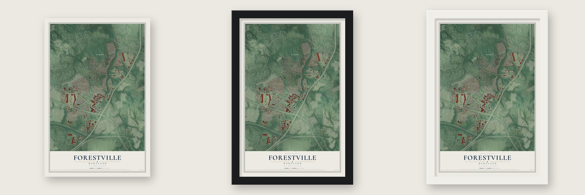 Forestville, Maryland map unframed, in a black wood frame and in a white wood frame