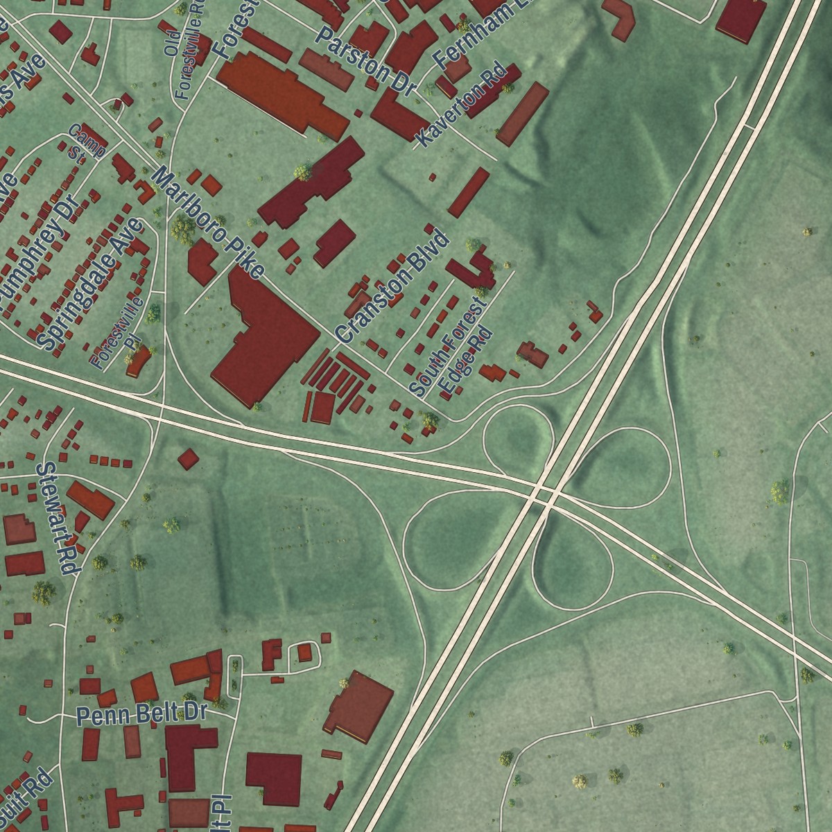 Second close-up of the map of Forestville, Maryland print showing more streets and buildings