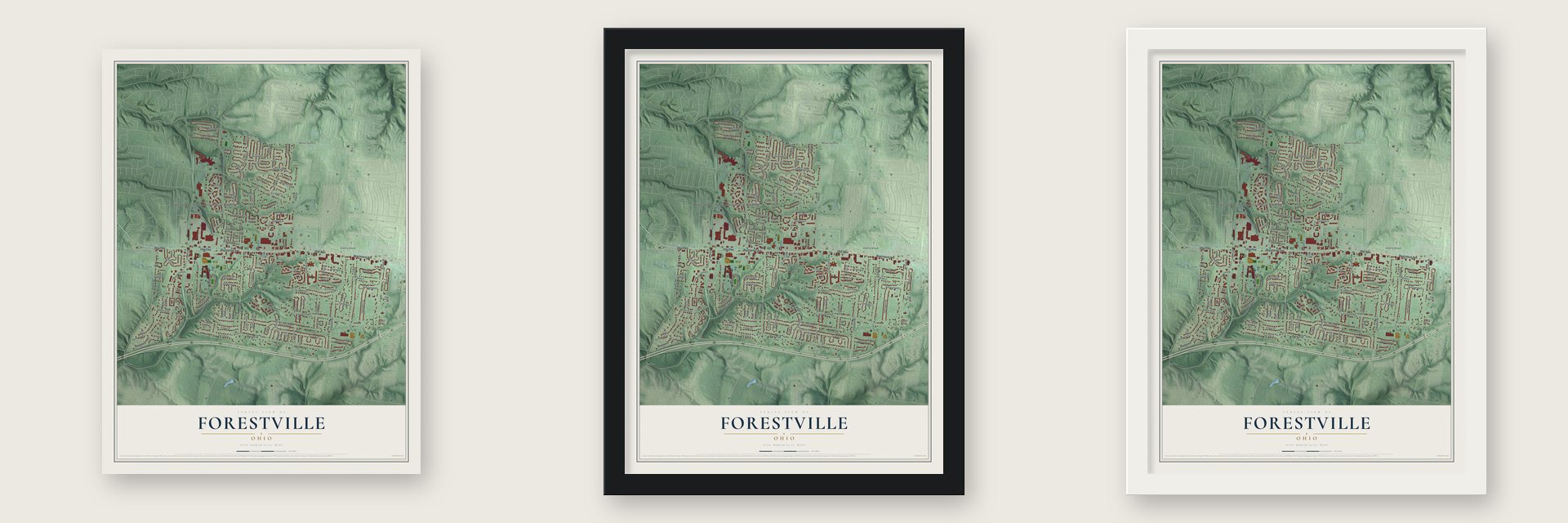 Forestville, Ohio map unframed, in a black wood frame and in a white wood frame