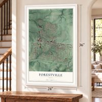Forestville, Ohio map, 24 x 36 inch print in a white frame by a staircase