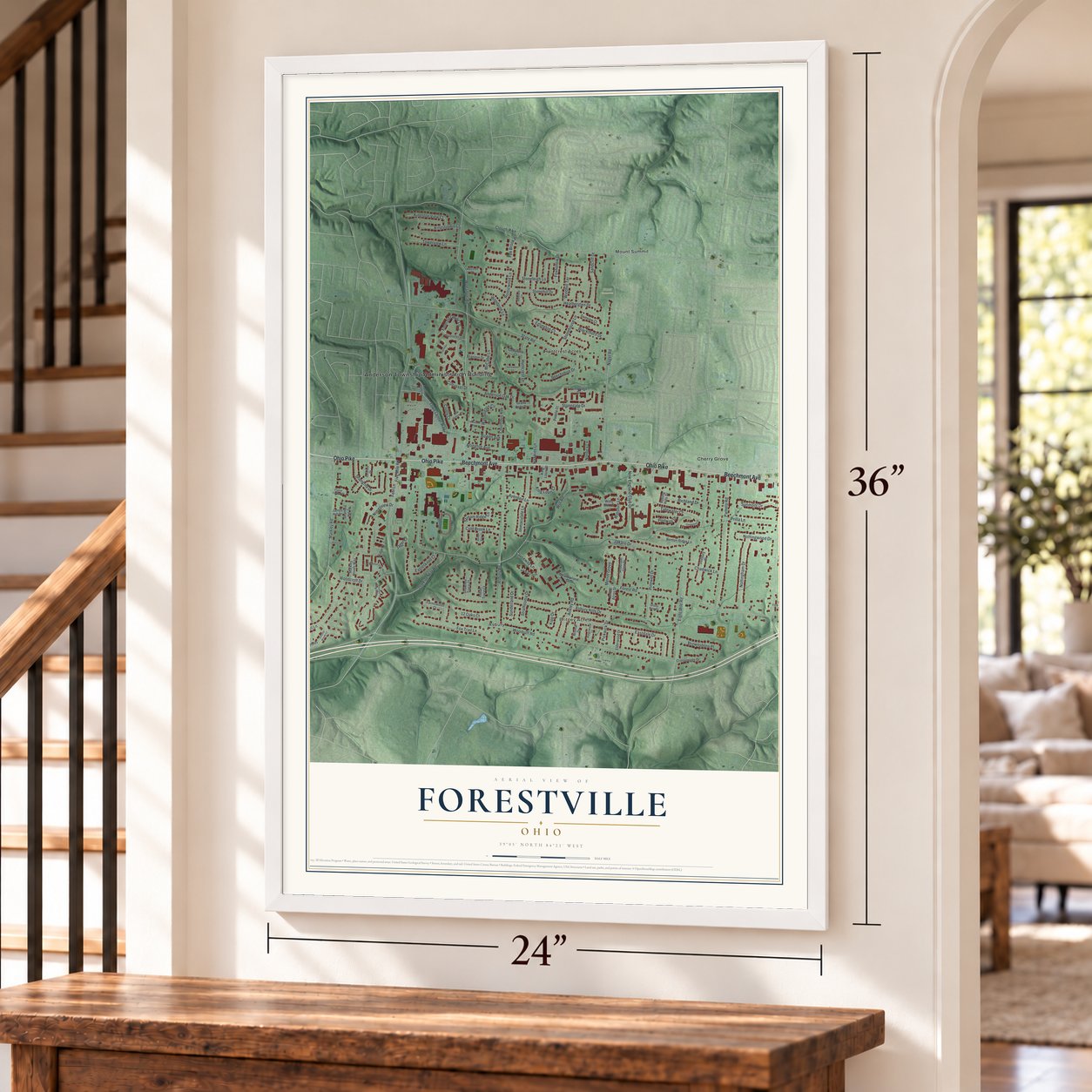 Forestville, Ohio map, 24 x 36 inch print in a white frame by a staircase