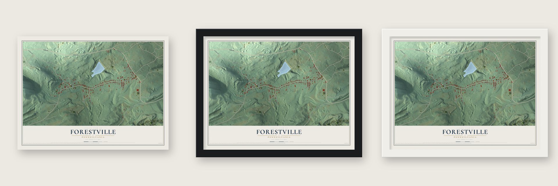 Forestville, Pennsylvania map unframed, in a black wood frame and in a white wood frame