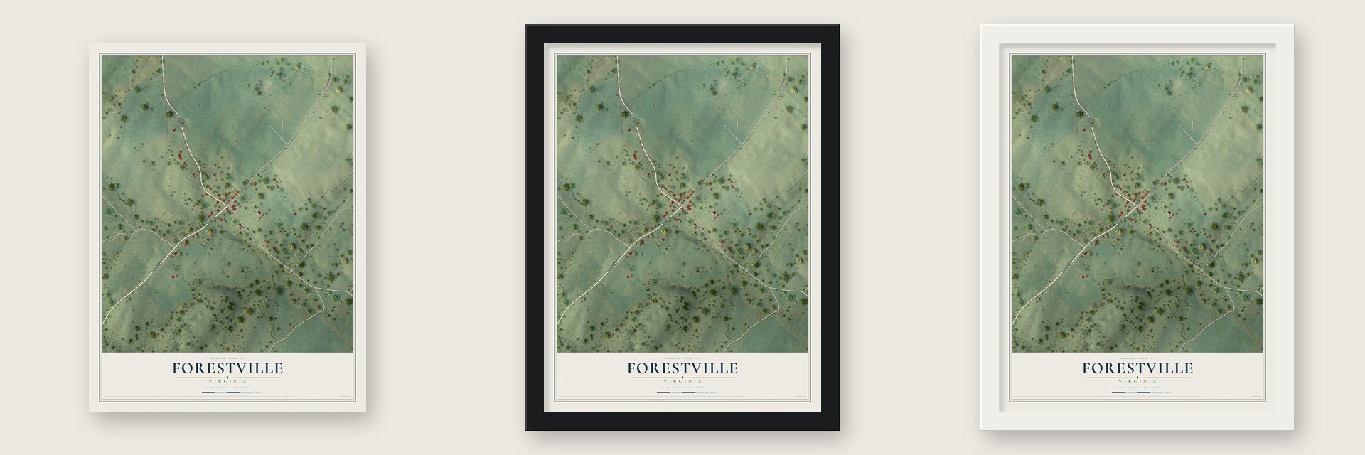 Forestville, Virginia map unframed, in a black wood frame and in a white wood frame