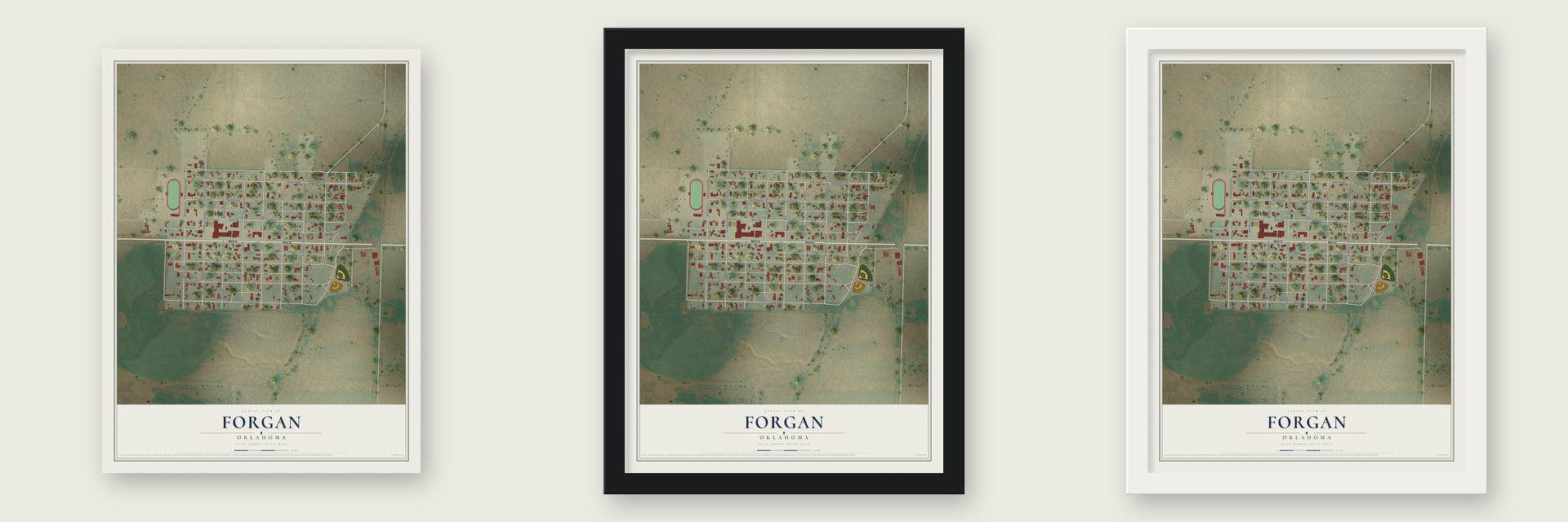 Forgan, Oklahoma map unframed, in a black wood frame and in a white wood frame