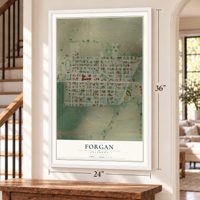 Forgan, Oklahoma map, 24 x 36 inch print in a white frame by a staircase