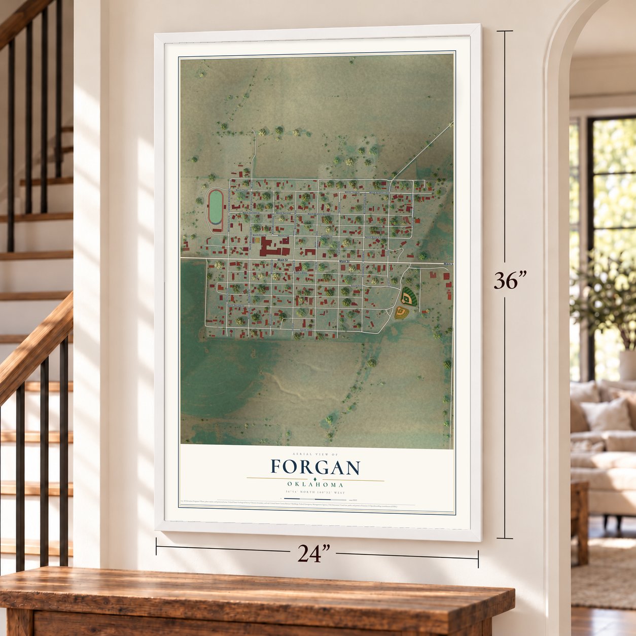 Forgan, Oklahoma map, 24 x 36 inch print in a white frame by a staircase