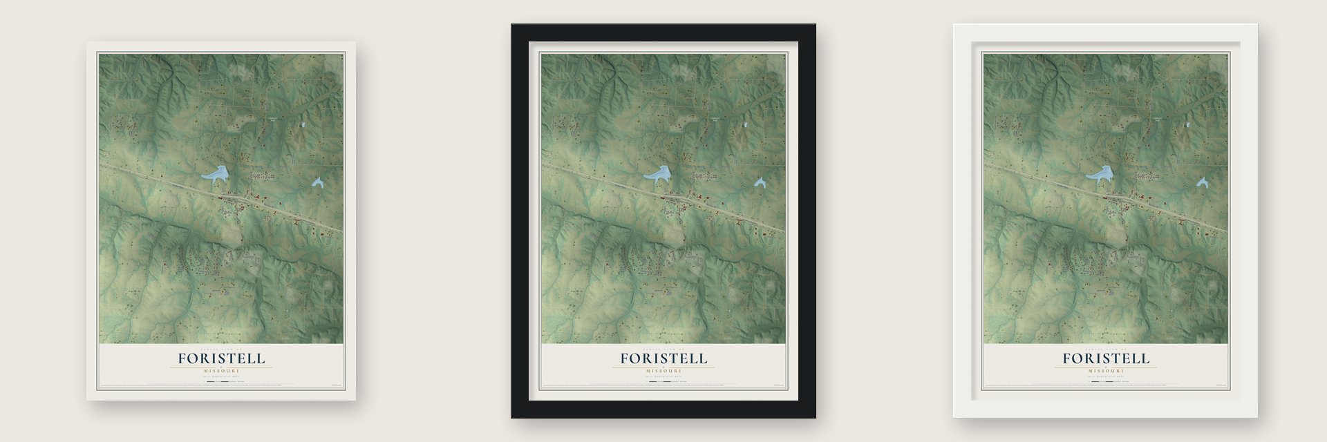 Foristell, Missouri map unframed, in a black wood frame and in a white wood frame
