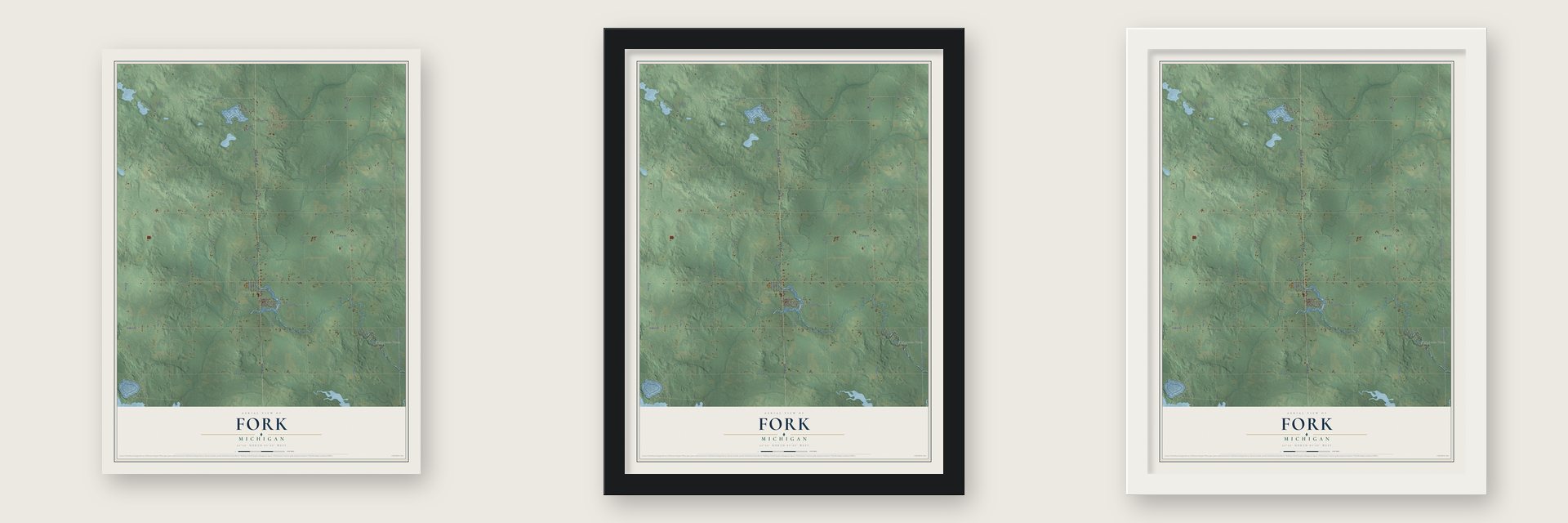 Fork, Michigan map unframed, in a black wood frame and in a white wood frame