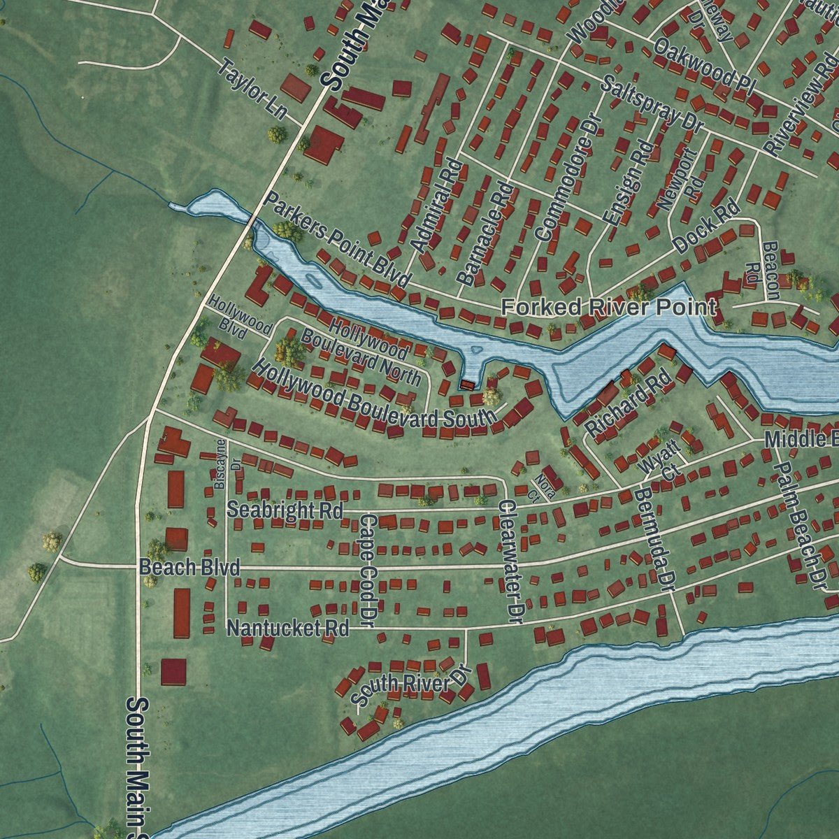 Second close-up of the map of Forked River, New Jersey print showing more streets and buildings