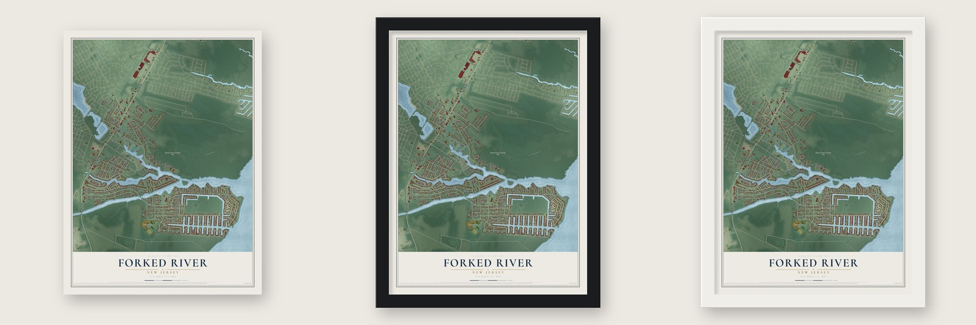 Forked River, New Jersey map unframed, in a black wood frame and in a white wood frame