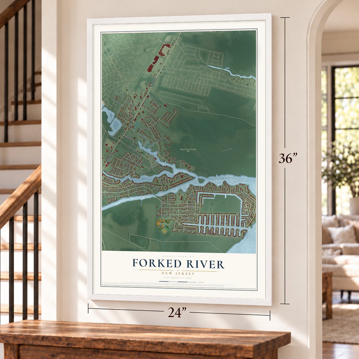 Forked River, New Jersey map, 24 x 36 inch print in a white frame by a staircase