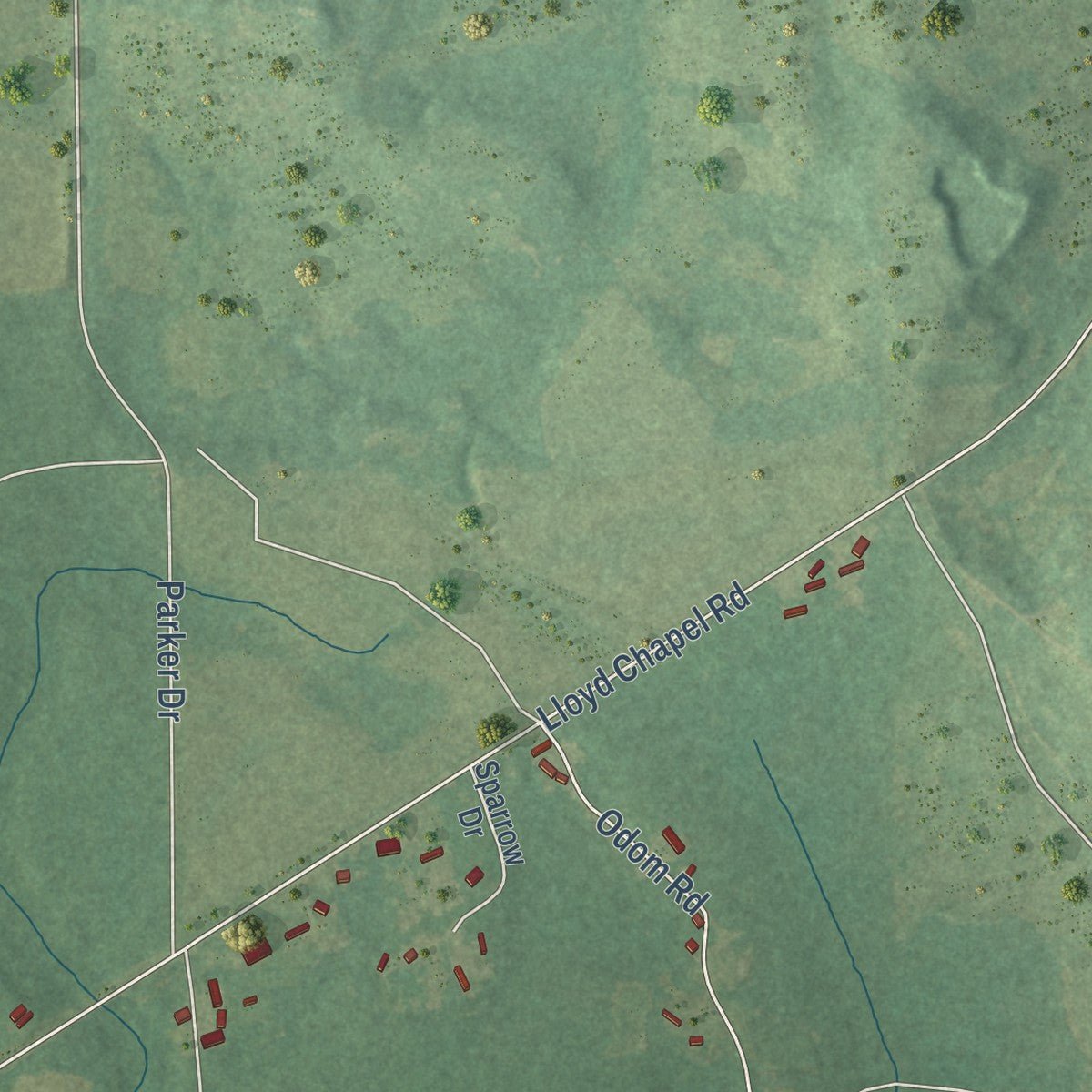 Second close-up of the map of Forkland, Alabama print showing more streets and buildings