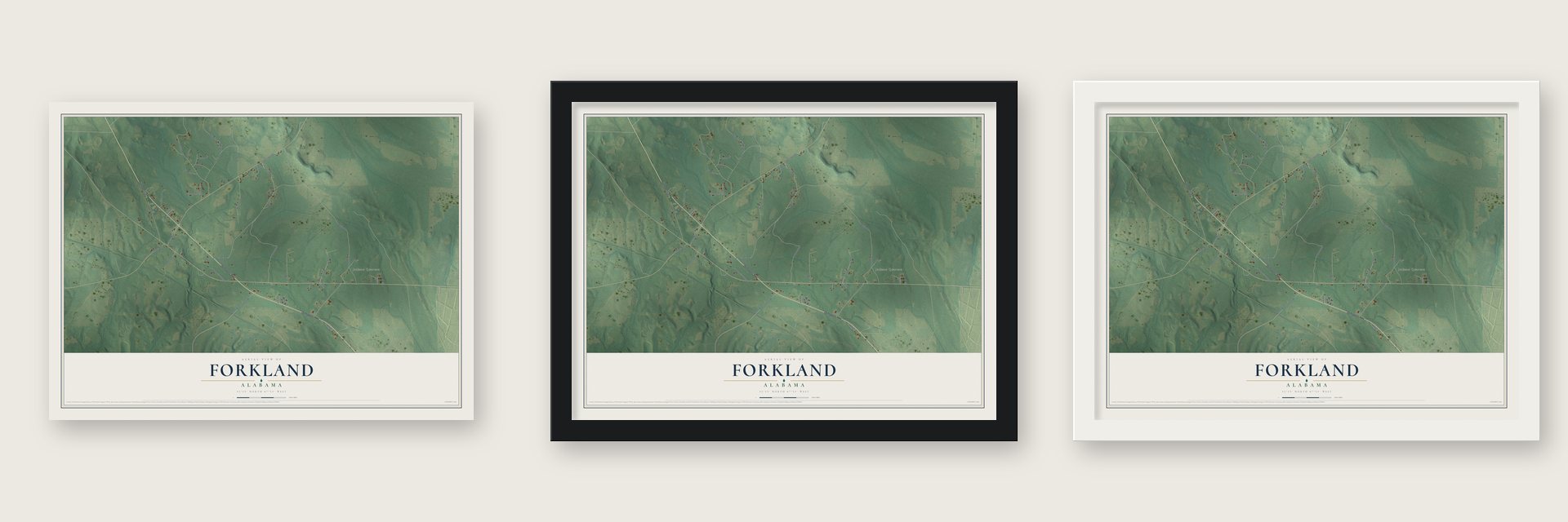 Forkland, Alabama map unframed, in a black wood frame and in a white wood frame